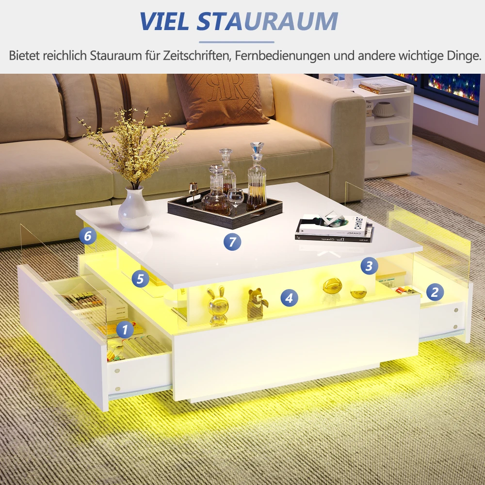 70 x 70 x 41 cm großer moderner Hochglanz-LED-Couchtisch mit 2 Schubladen und transparentem Präsentationsbereich, belastbar bis zu 30 kg – Detail 36