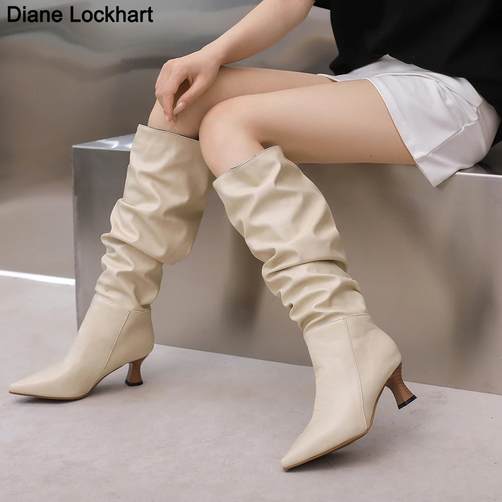 

Retro Pleated Knee High Cowboy Boots for Women 2023 Autumn High Heels Pointed Toe Western Boots Woman Brown Long Botas Feminina