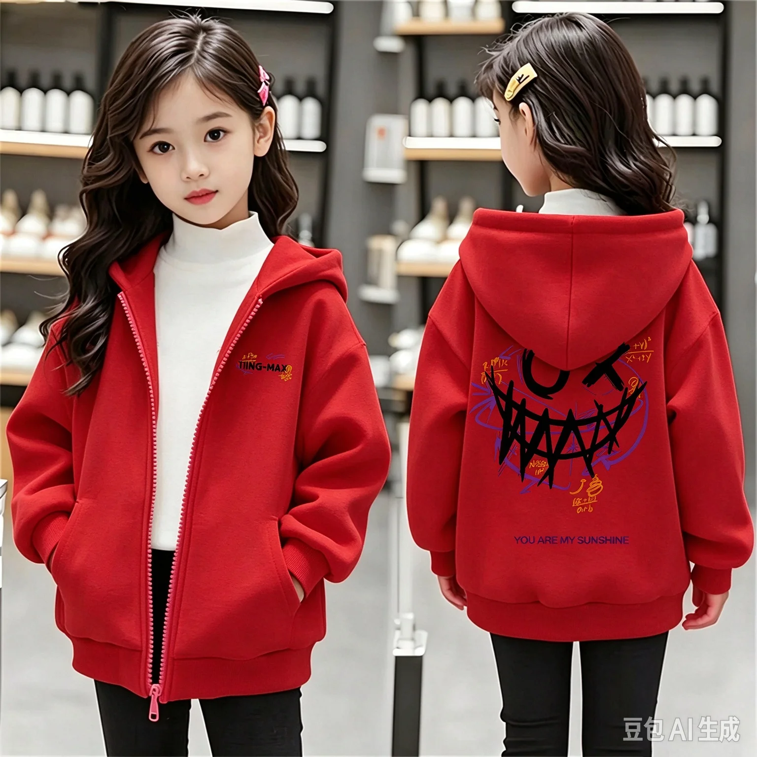 Children's hooded zipper pullover hoodie graffiti smiling face printed hooded shirt casual long-sleeved shirt for boys and girls