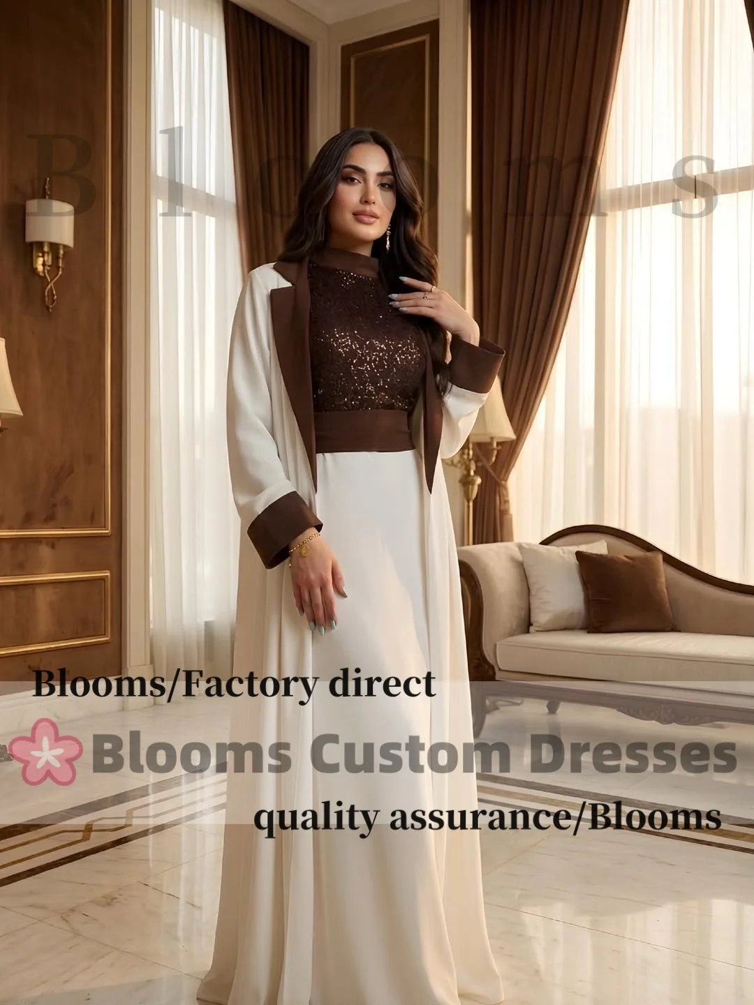Customized Two-Piece White & Brown Abaya Style Evening Gown with Sequined Top Matching Open Coat Elegant Formal Dress