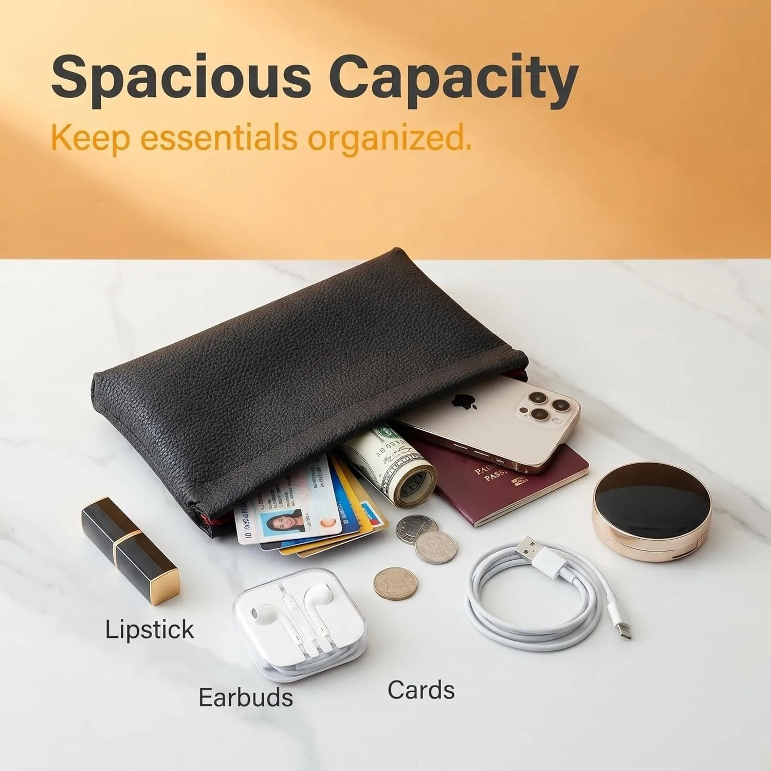 1pcs Wallet Storage Bag Set Portable Leather Long Wallet Large Capacity Cosmetic Bag Coin Purse Organizer Handbag for Women(black)