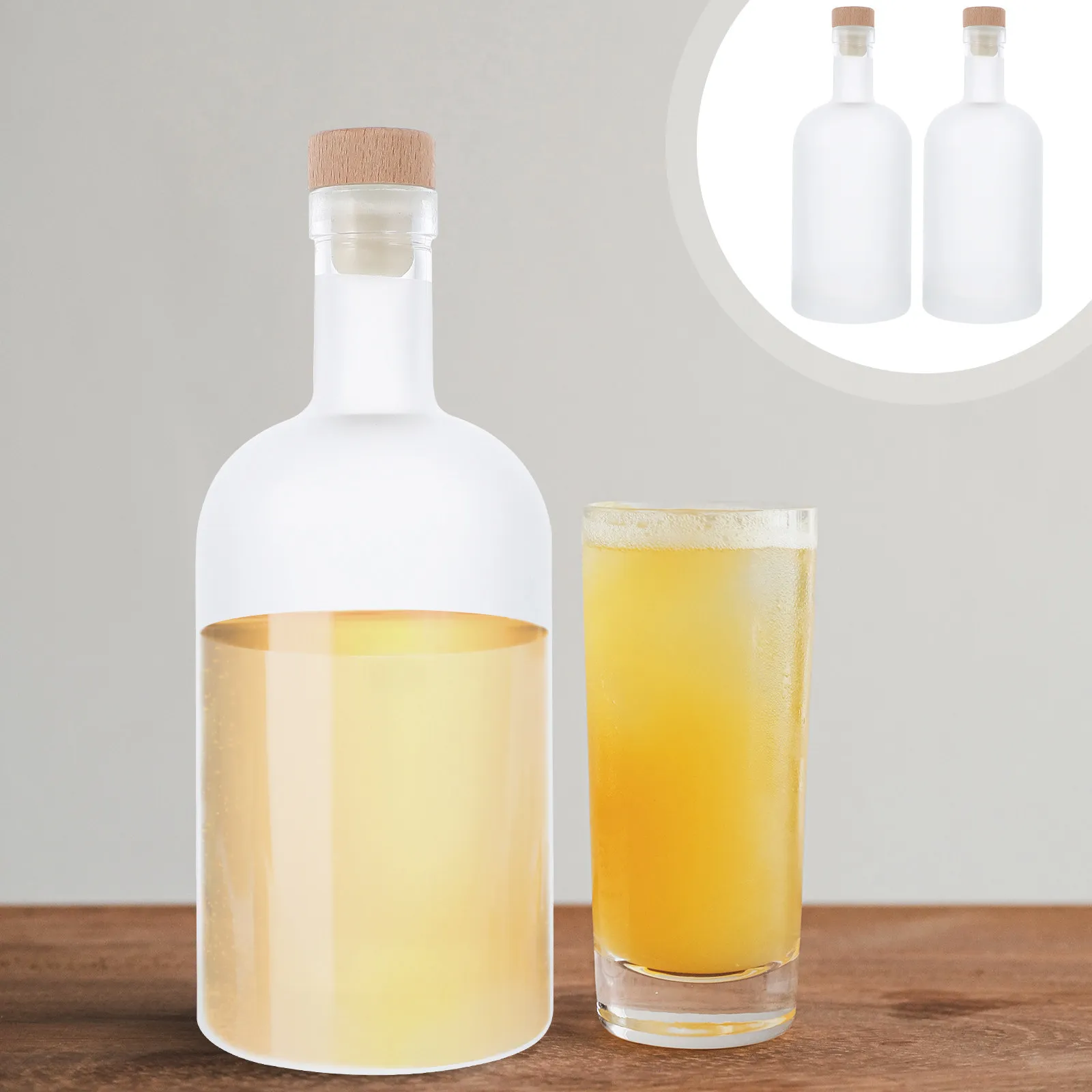 2Pcs Frosted Glass Fruit Wine Bottles DIY Sealed Cork Bottles for Home Brewing Fruit White Wine Cocktail Glass Bottle