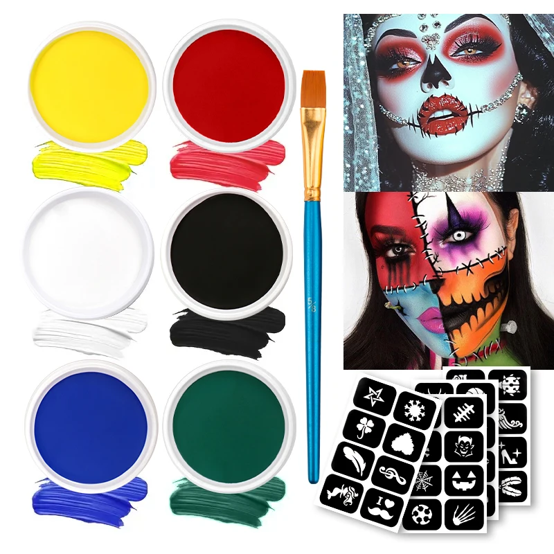 6色モノクロフェイスペイントブラシセット、子供用パーティー水性フェイスペイントセット、ハロウィンボディメイクパレット
