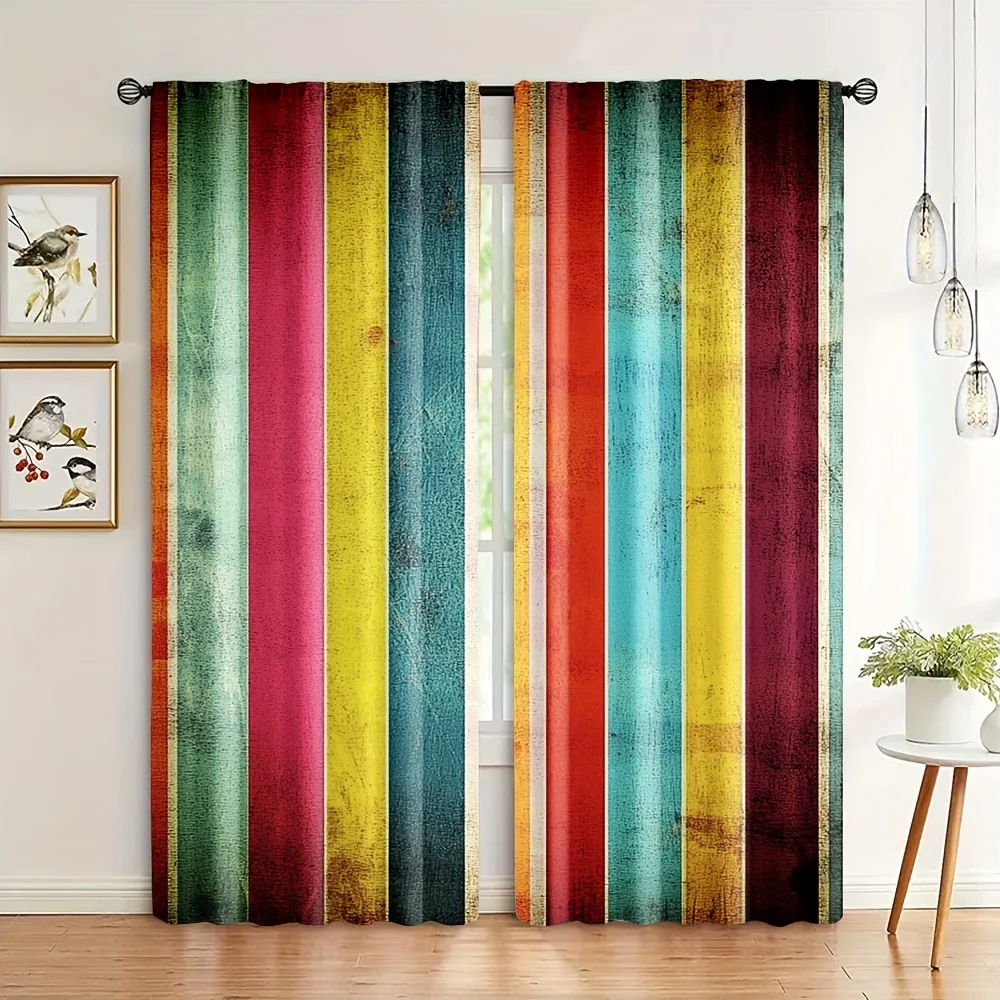 2pcs Vibrant Striped Window Drapes - Durable 100% Polyester Fabric, Colorful Vertical Lines Design for Indoor Use, Perfect for B