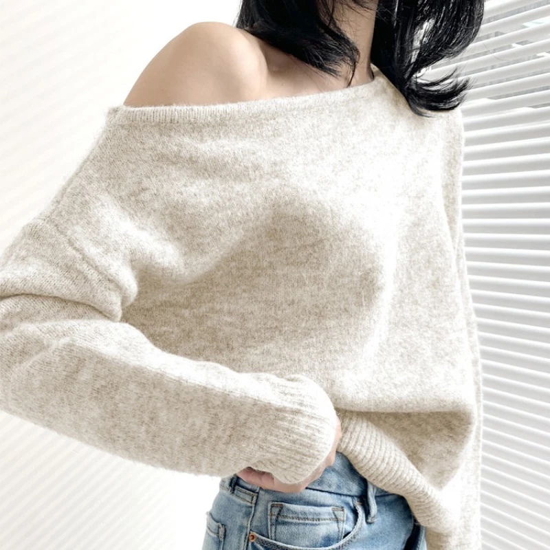 

Korean Slash Neck Mohair Sweater Women Autumn Off Shoulder Knitted Pullovers Tops Loose Lazy Outwear Soft Warm Sweaters 28921