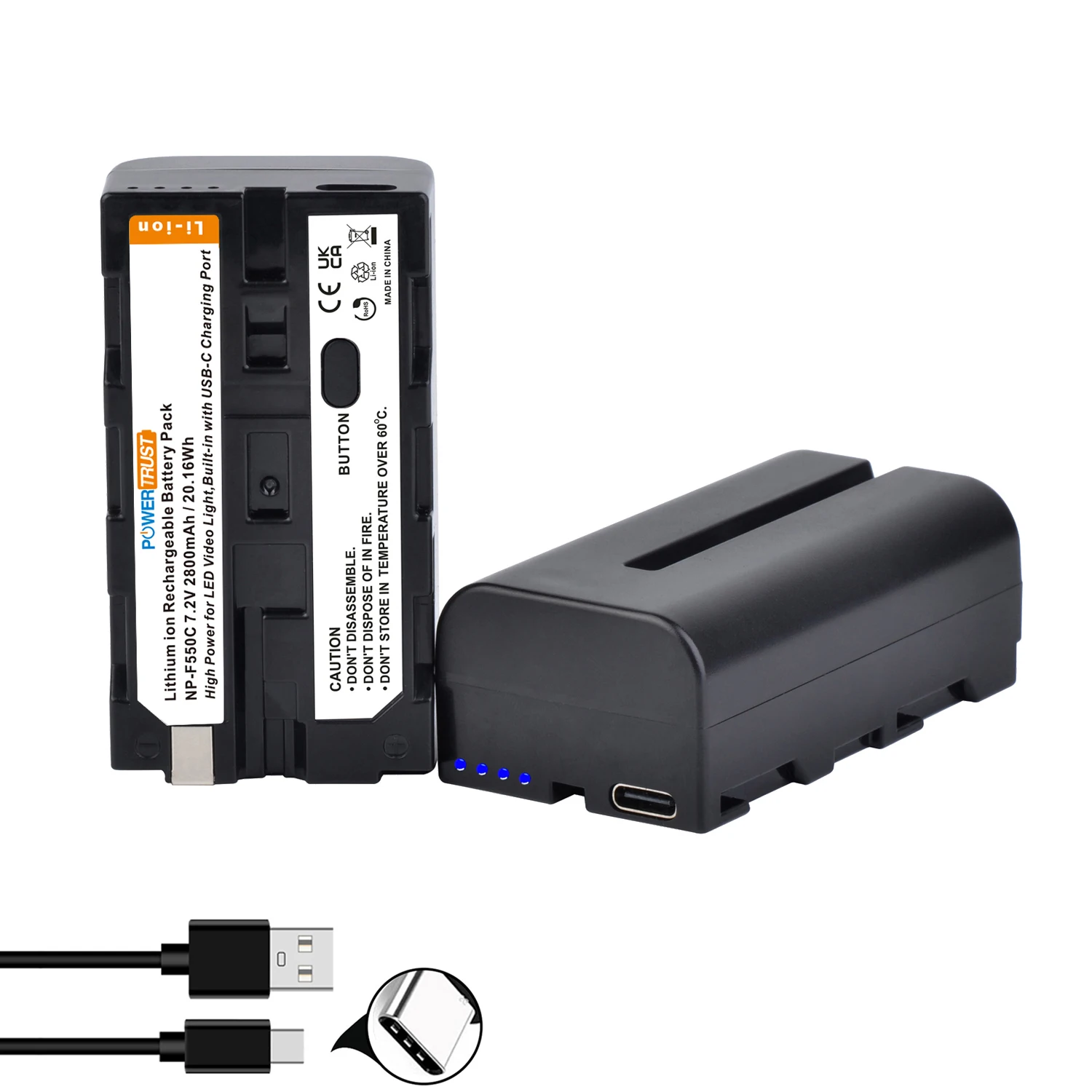 

2Pcs 2800mAh NP-F550 NP-F Battery + USB-C Charging Port for Sony NP-F330 NP-F530 NP-F570 NP-F750 LED Video Light