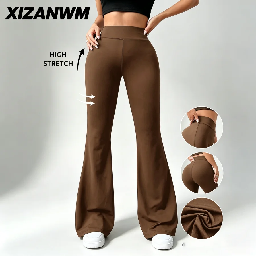Spring Women's high waisted leggings Booty Lifting flared pants, slim leg long brown pants, slim wide-leg pants for Streetwear