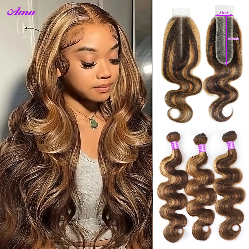 P4 27 Highlight Body Wave Bundles With Closure 2x6 inch Ombre Human Hair Bundles With Closure Brazilian Hair Bundle With Closure