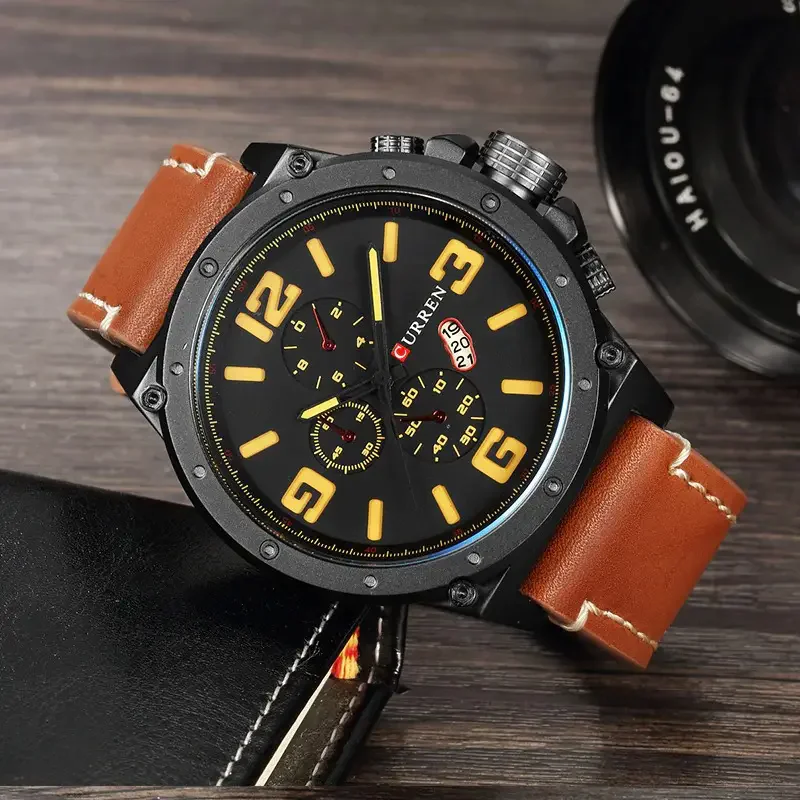 CURREN 8230 แฟชั่น Big Dial Design นาฬิกาข้อมือสําหรับชาย Casual หนังสายรัดควอตซ์ Auto วันที่นาฬิกากล่องนาฬิกาสําหรับชาย