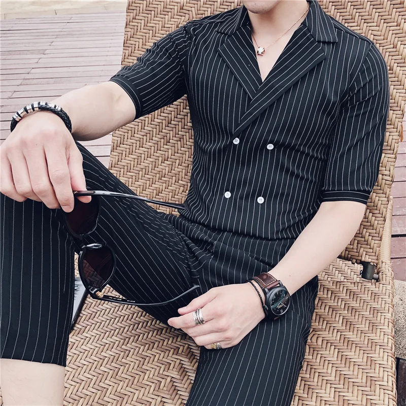 

pant Double Breasted formal shirt for men set Summer Costume Mariage Homme Black White Grey Blue Stripe Suit Set Smoking Uomo