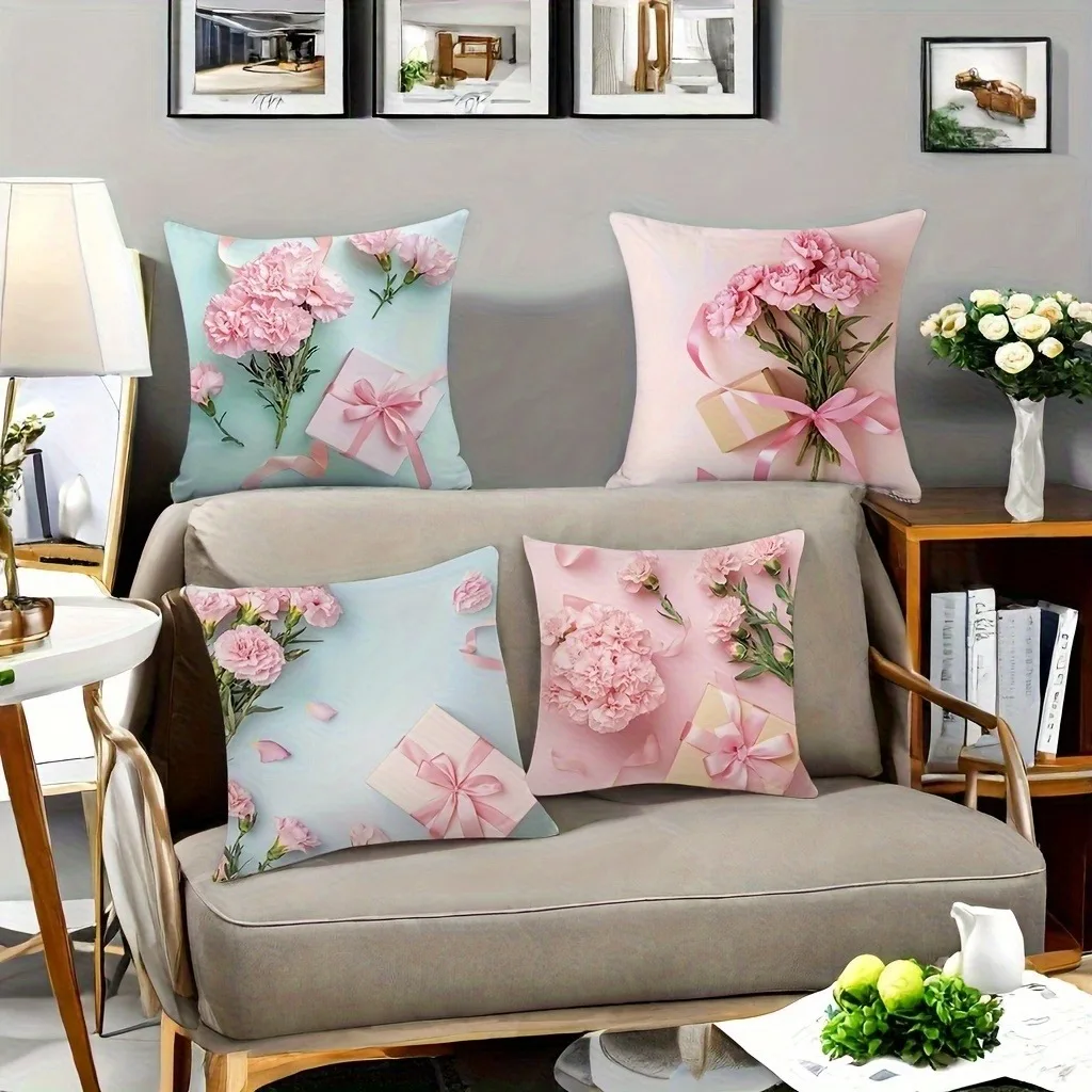 

Pink Carnation & Gift Pillowcase, Pastel Floral Design, Romantic Home Decor Cushion Cover