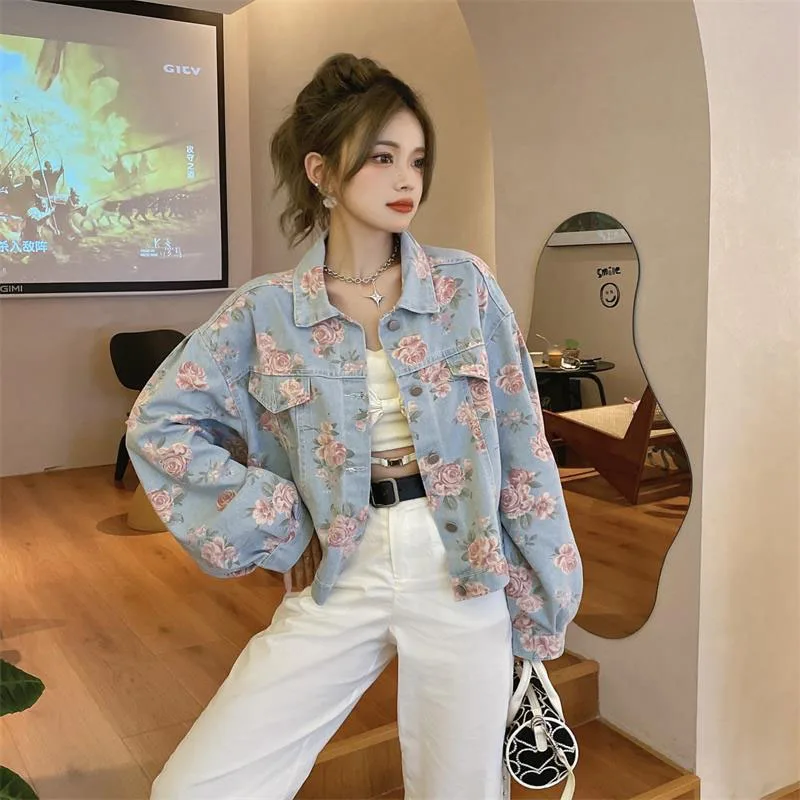 GIDYQ Vintage Rose Printed Denim Jackets Woman Korean Fashion Loose Long Sleeve Outwear Y2k Streetwear Crop All Match Coat