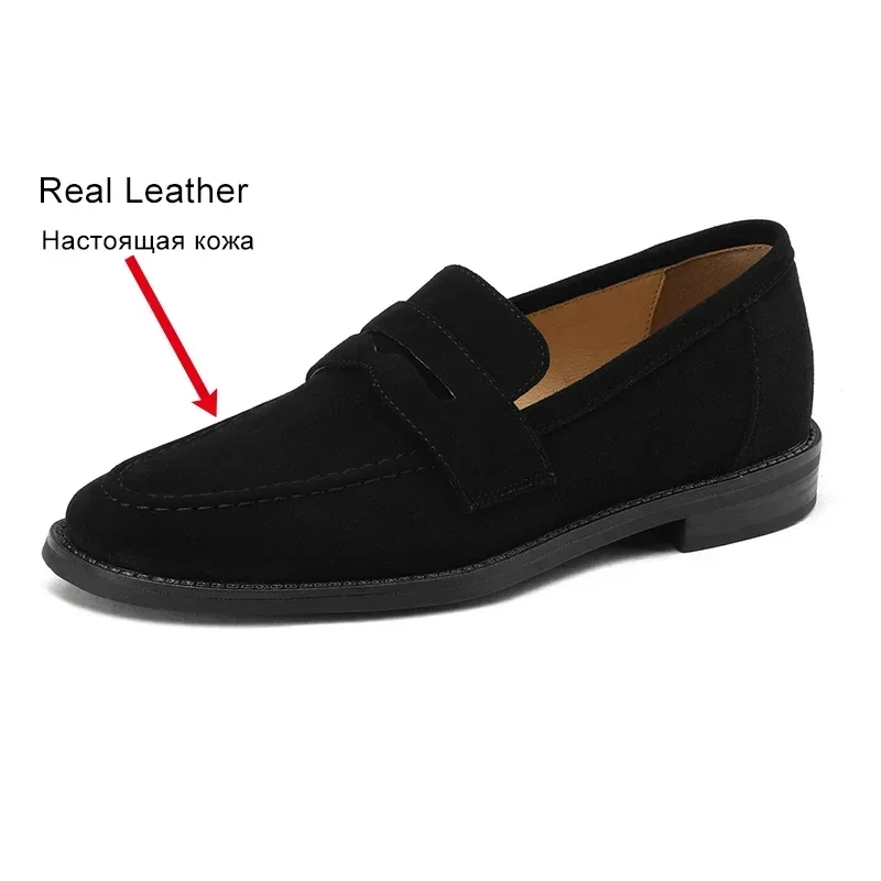 JOZHAMTA Size 34-43 Women Casual Flats Loafers Suede Cow Leather Chunky Low Heels Shoes Spring 2025 Retro Slip On Daily Office