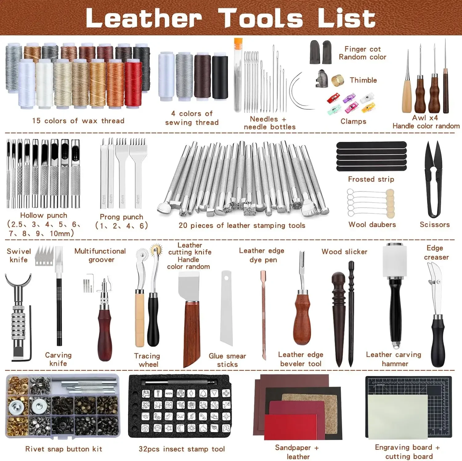 Leather Tooling Kit Leather Working Kit with Custom Handbag Cutting Mats Engraving Punching Sewing Stamping Sanding