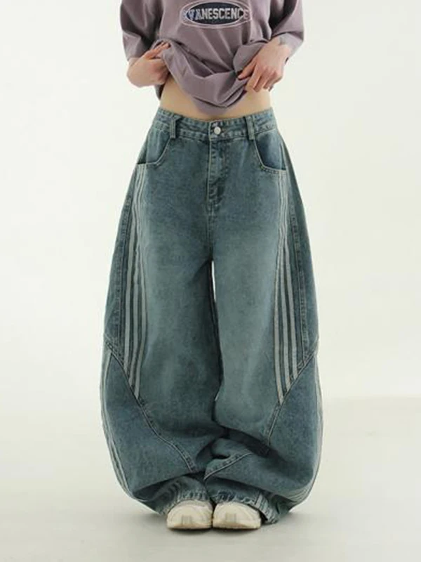 Retro Street Sle Hoge Taille Wijde Pijpen Jeans Dames Cool Spliced Tee Bars Mes Denim Broek Zomer Casual Loose Fit