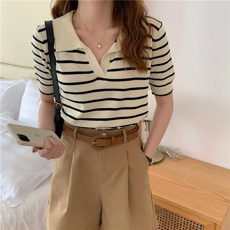 Summer New Ice Silk Striped Knitting Tops Polo Neck Short Sleeve Loose All-match Pullovers Vintage Fashion Women Clothing