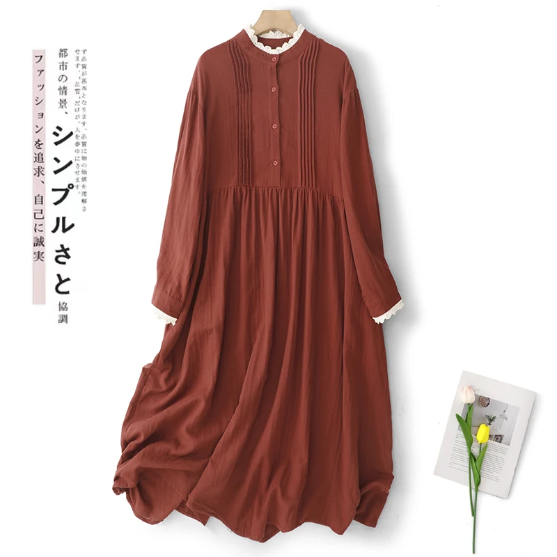 NYFS Women's Double Layer Gauze Long Sleeve Dress Lace Edge Pure Cotton Vestido Robe Ete Femme Elbise Autumn 2025