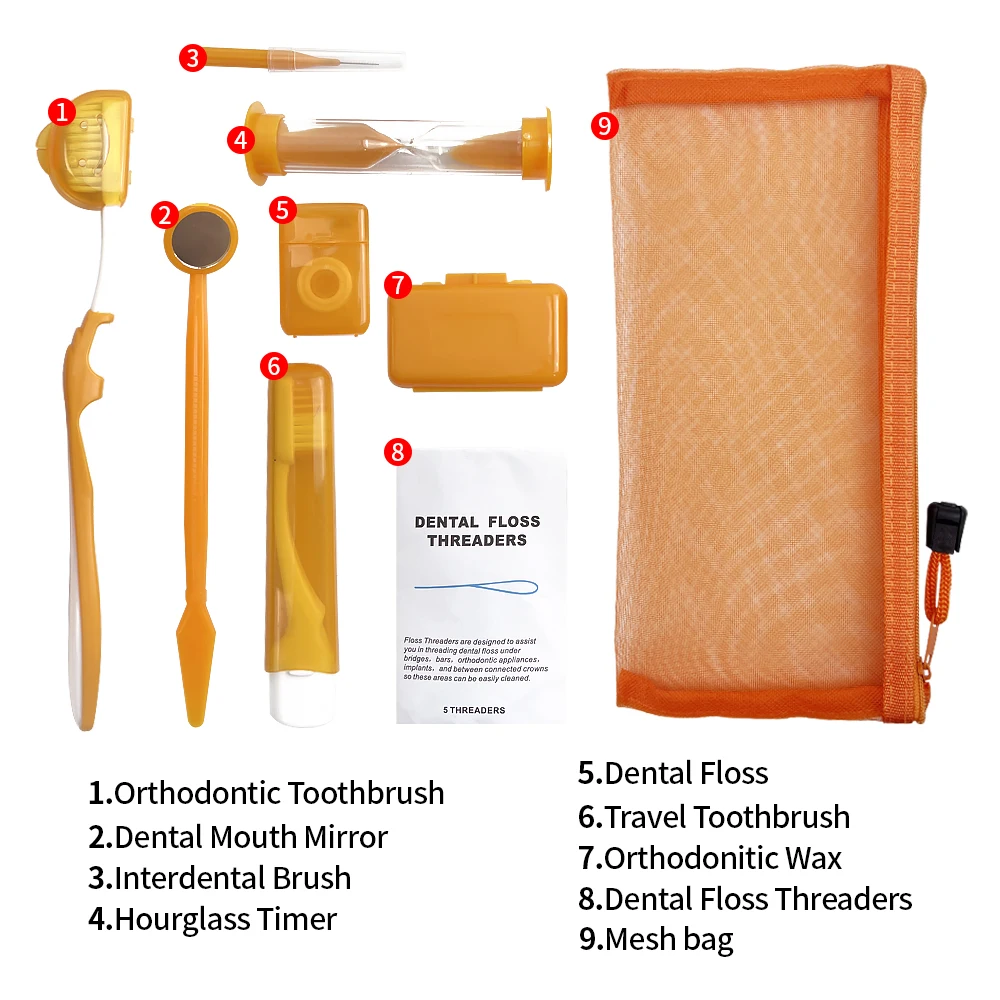 Travel Orthodontic Oral Care Kit Foldable Toothbrush Interdental Brushes Dental Mouth Mirror Floss Ortho Wax Teeth cleaning Sets