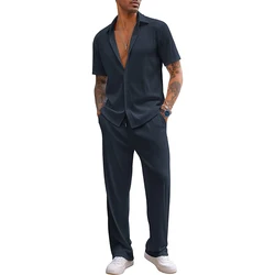 New Men's Two Piece Sets Solid Color Short-sleeved Shirt and Trousers Loose Casual Male Suit Tracksuit