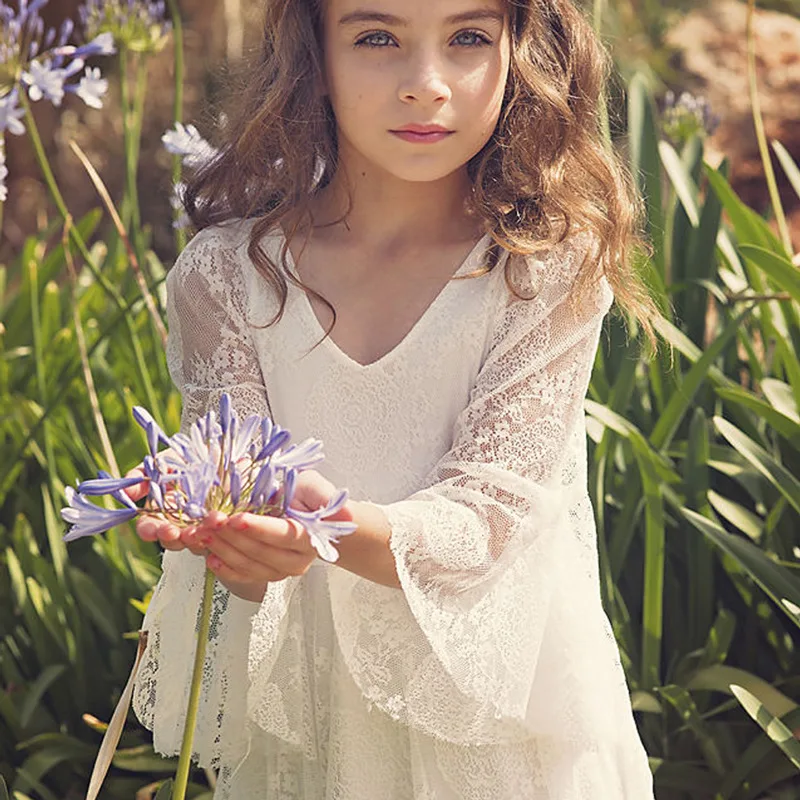 2-14 Years Princess Girls Lace Chiffon Long Dresses Wedding Dress Summer Boho Birthday Party Wedding Dress Kids Flower Girl
