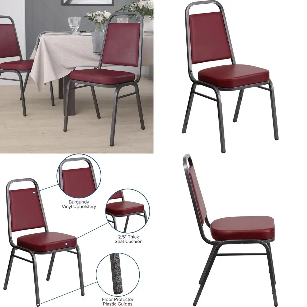 

Универсальный штабелируемый виниловый банкетный стул с мягким сиденьем и спинкой, бордовый/серебристый