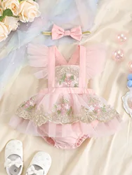 3-24M Summer Style Baby Girl Fashion Halter Embroidery Shoulder Mesh Design Sense Flying Sleeve Jumpsuit With Cute Bow Headband