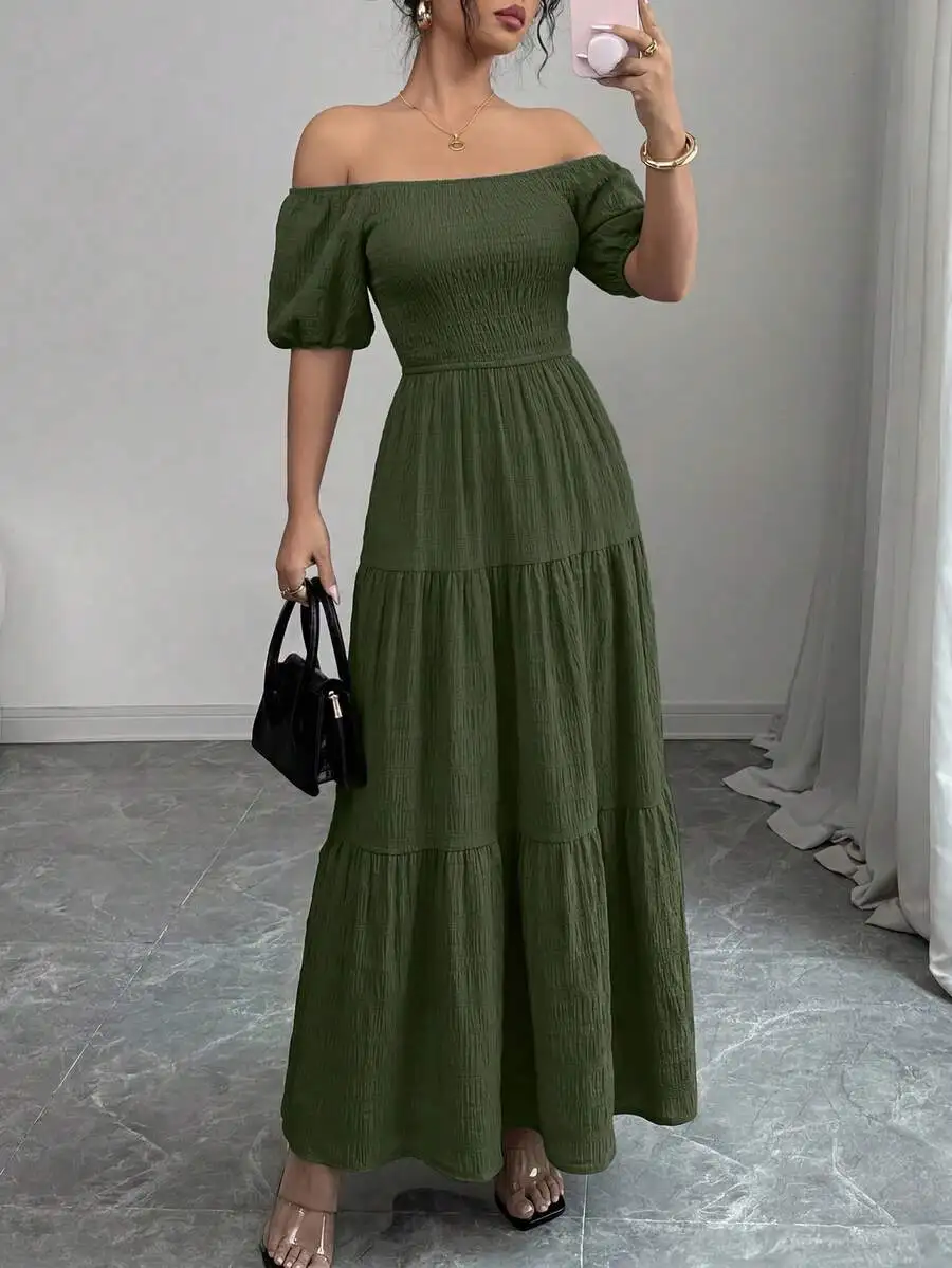 

Women Off Shoulder Puffed Sleeve Tiered Ruffle A-Line Maxi Dress Summer Casual Elegant Vacation Beach