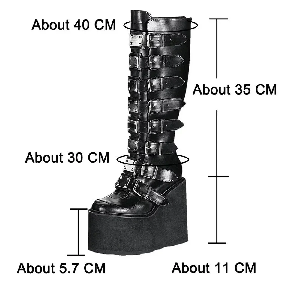 Punk Women Boots Cosplay Ladies High Heel Platform Wedges Women High Boots Gothic Buckle Strap Long Tube Leather Female Boots