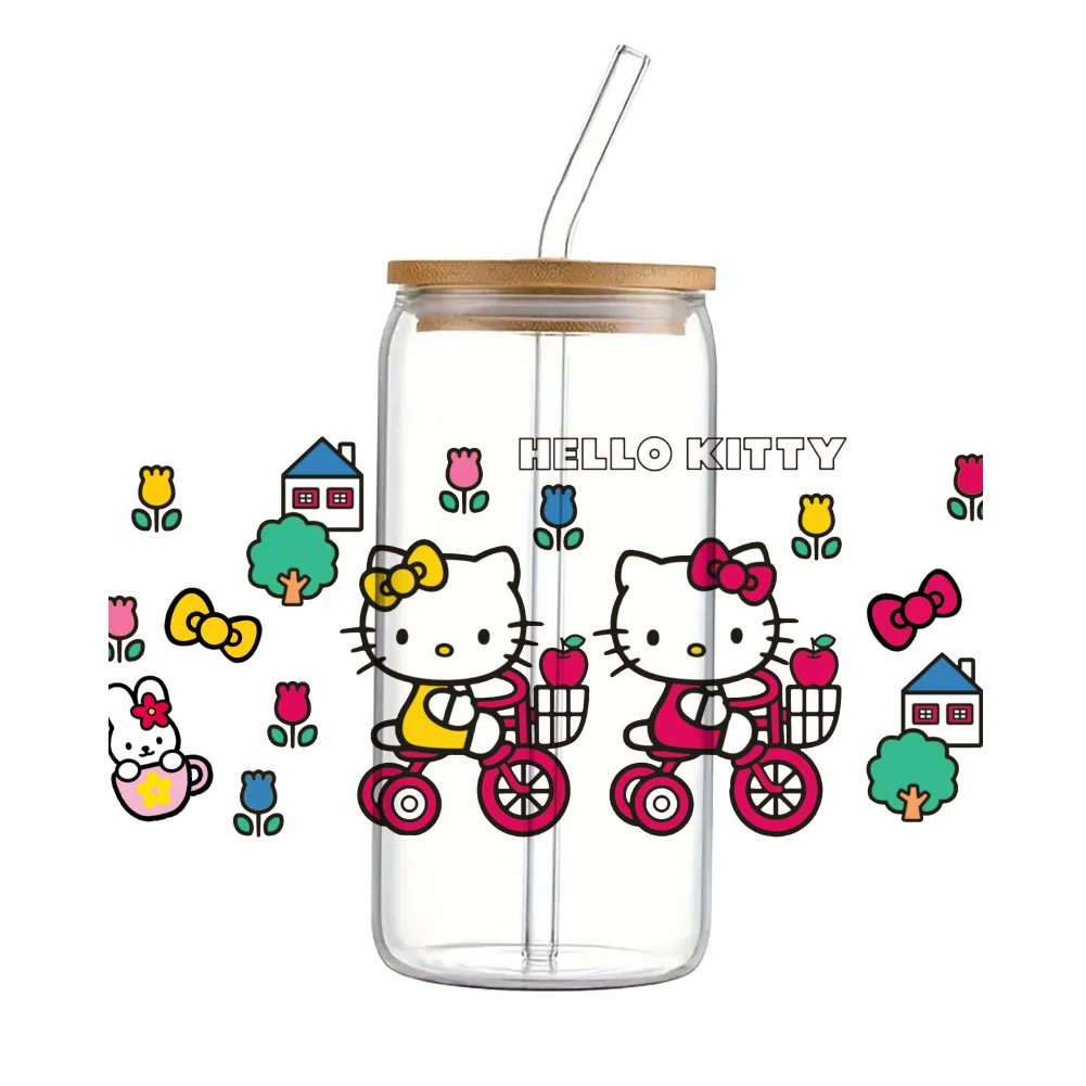Водостойкая наклейка Hello Kitty Sanrio, 11*24 см, 16 унций, УФ, DTF, для стеклянной чашки Водостойкая наклейка Hello Kitty Sanrio, 11*24 см, 16 унций, УФ, DTF, для стеклянной чашки