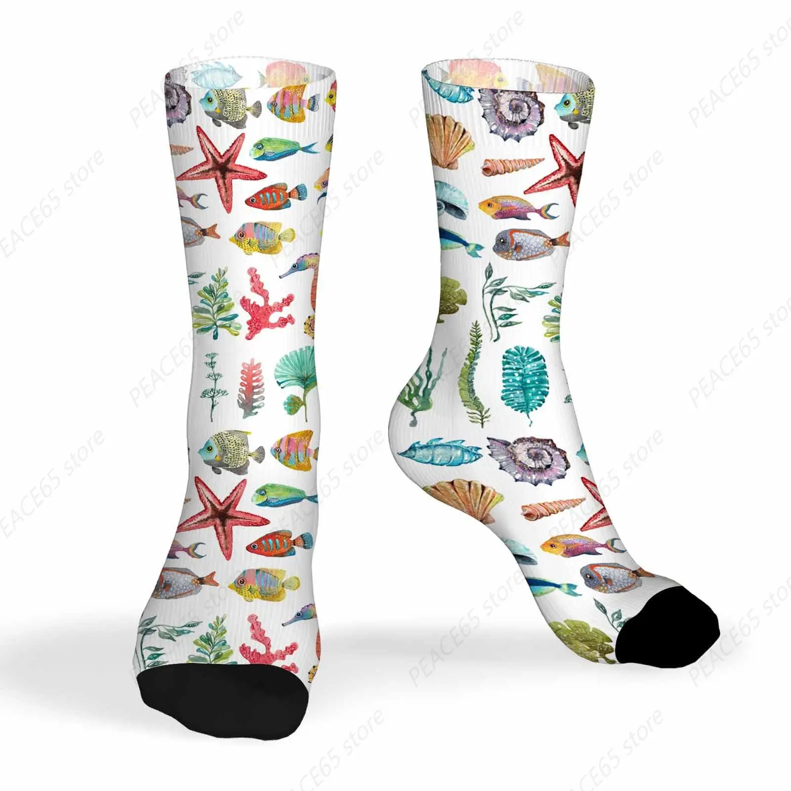 Socks Watercolor Sea Life Athletic Crew Socks Seaweed Shell Fish Sea Horse Tropical Coral Marine Exotic Fish for Men Women