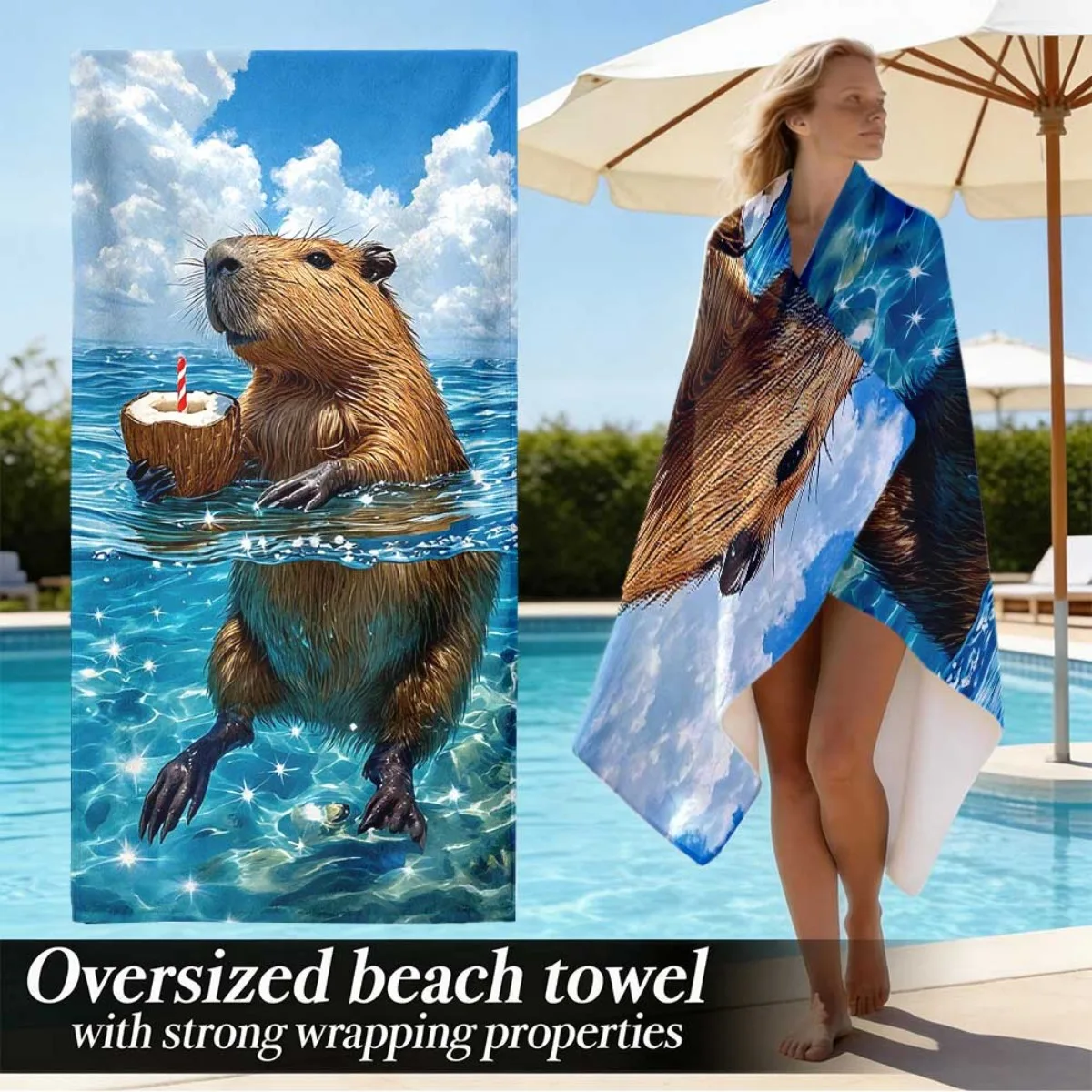 Capybara with Coconut Drink Beach Towel 1pc Beach Towel Soft and Comfortable Unisex Lightweight Easy to Carry Suitable for Beach