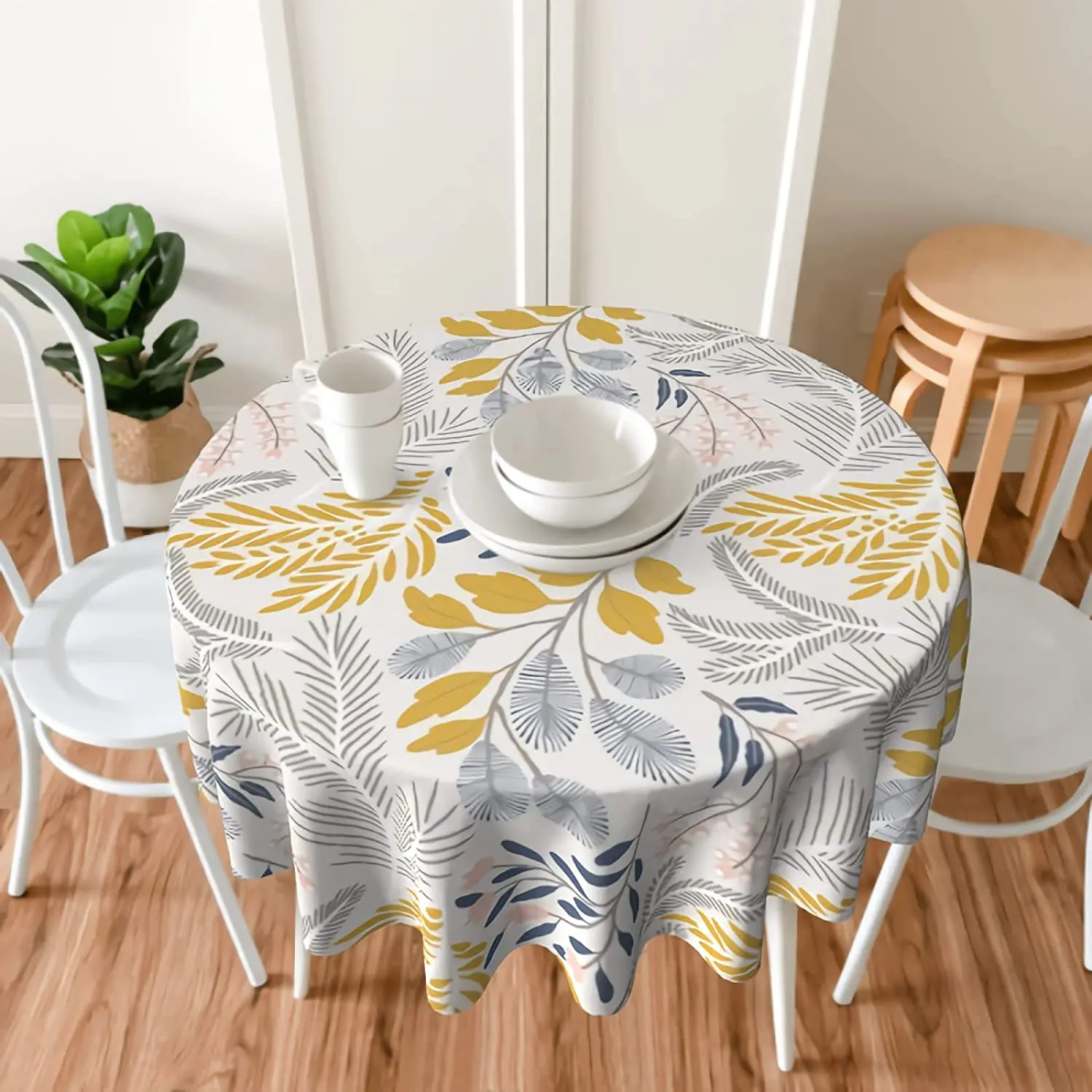 Retro Autumn Floral Round Table Cloth 60 Inch Yellow Gray Flowers Leaf Washable Wrinkle Stain-Resistant Table Cover Tablecloth