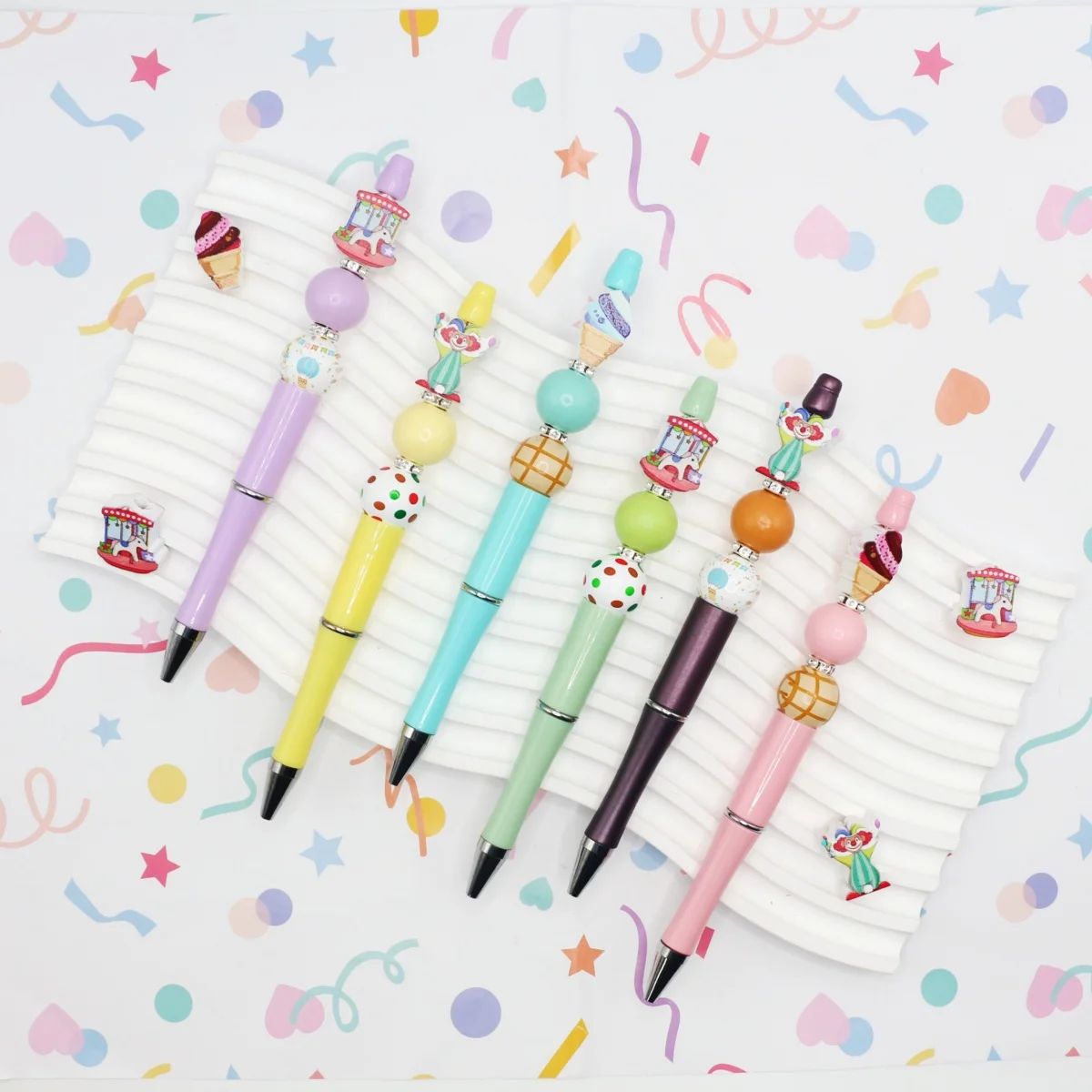 

6Pcs Amusement Park Clown Theme DIY Beaded Pen Set, Office Stationery Ballpoint Pen
