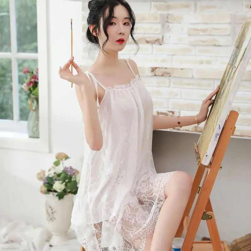 Lace Slip Dress Nightgown for Women Home Wear Sexy Korean Cute Pajamas Woman Sleep Pajama Nightie Night Very Sexuality Silk New