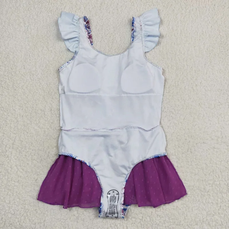 Hot Sale Western Fashion Floral Scale Purple Tulle One-piece Swimsuit Long Sleeve Baby Girls Set Wholesale Children Clothes