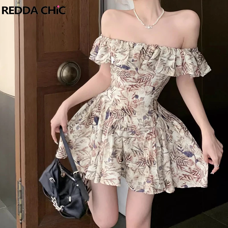 REDDACHiC Bohemian Floral Mini Dress Women Summer Off-shoulder Ruffle Princess Dress Desire One-piece Dress Holiday Beachwear