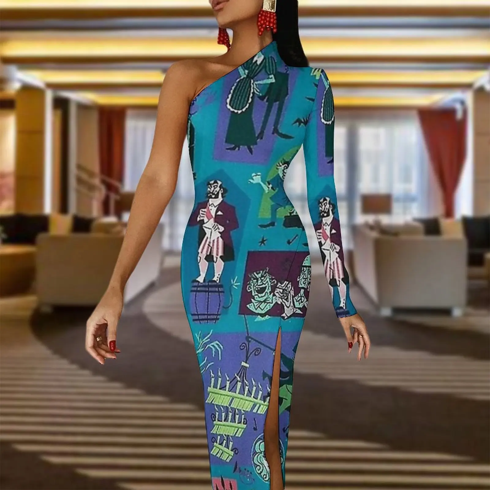 Magic Mansion Maxi Dress One Shoulder Halloween Night Club Bodycon Dress Spring Aesthetic Long Dresses Female Graphic Vestidos