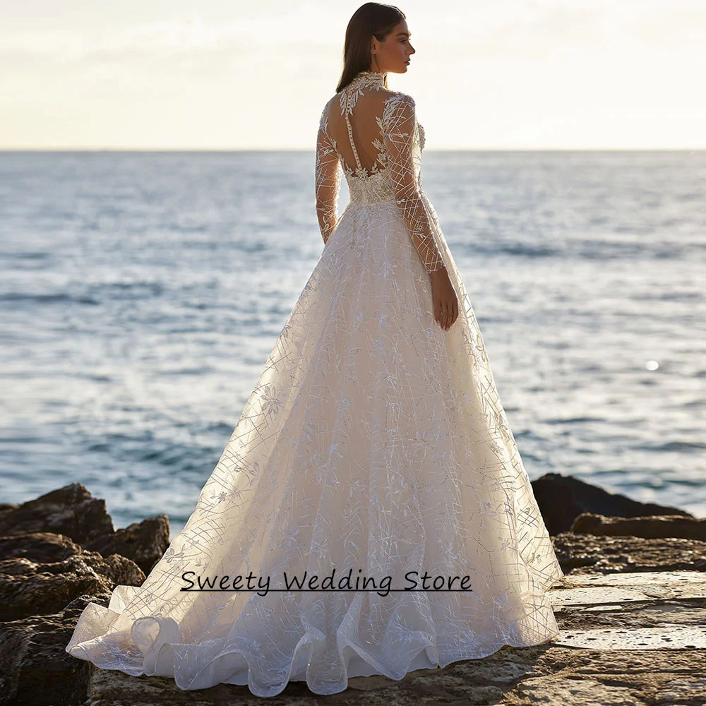 Sparkling Champagne Wedding Dress for Woman Customized High Neck Long Sleeves Illusion Back Sweep Train Bridal Gowns