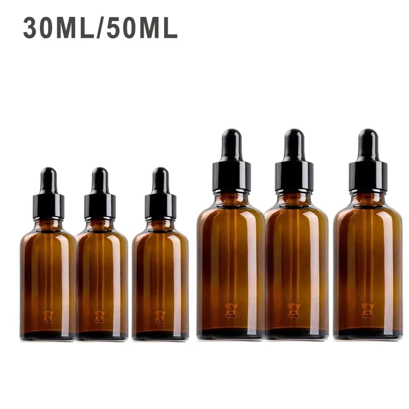 14/28PCS 30/50ml Essential Oil Glass Aromatherapy Liquid Brown Drop Empty Dropper Bottles Massage Pipette Bottle Refillable 1OZ