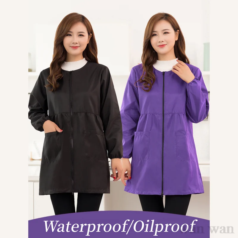 Thin Style Waterproof Work Clothes Women's Long Sleeve Smock Kitchen Cooking Baking Apron Workshop Uniforms Non Elastic Fabric