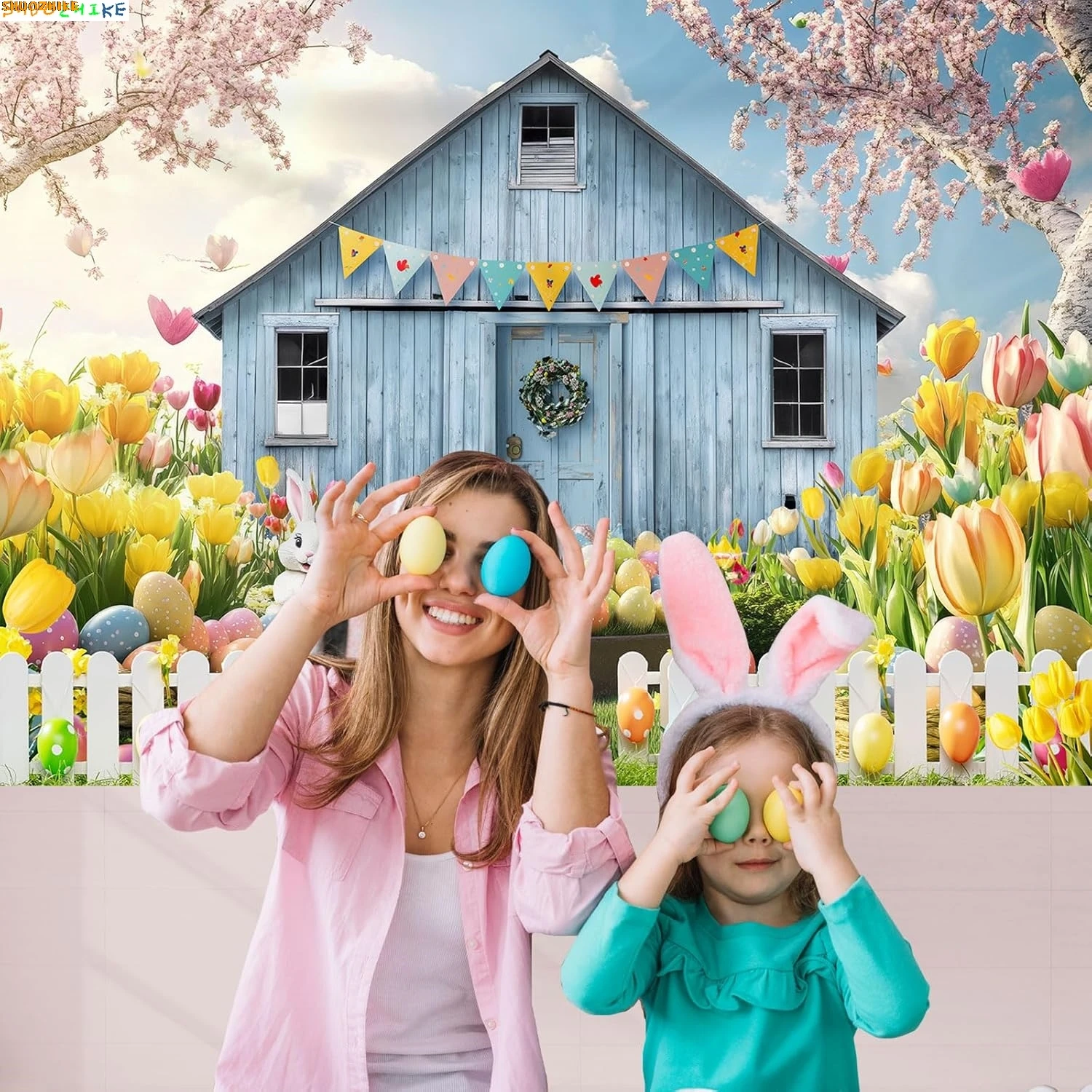 

Easter Day Photography Backdrops Spring Farm Barn Rabbit Bunny Egg Floral Grassland Party Decoration Photo Background DE-01