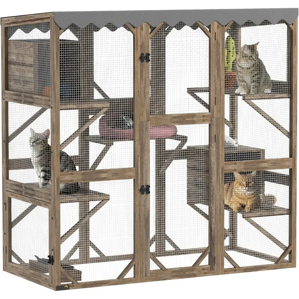

Catio Outdoor Cat Enclosure, Wooden Cat House with Window Access, 5 Platforms and 2 Resting Box, Waterproof Roof
