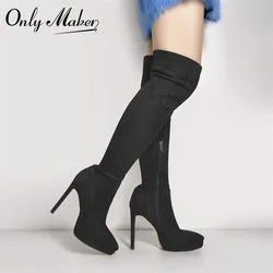 Onlymaker Women Pointed Toe Platform Over The Knee Boots Thin High Heels Black Flock Zipper Big Size Winter Long Boots