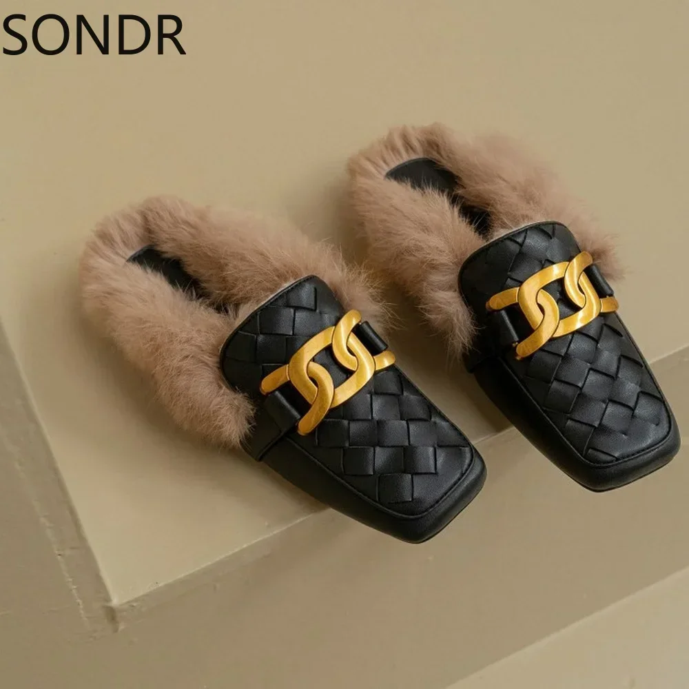 

Womens Metal Decor Real Rabbit Fur Backless Slipper Mule Slide Princetown Shoes Flats Warm Winter Weave 3Colors