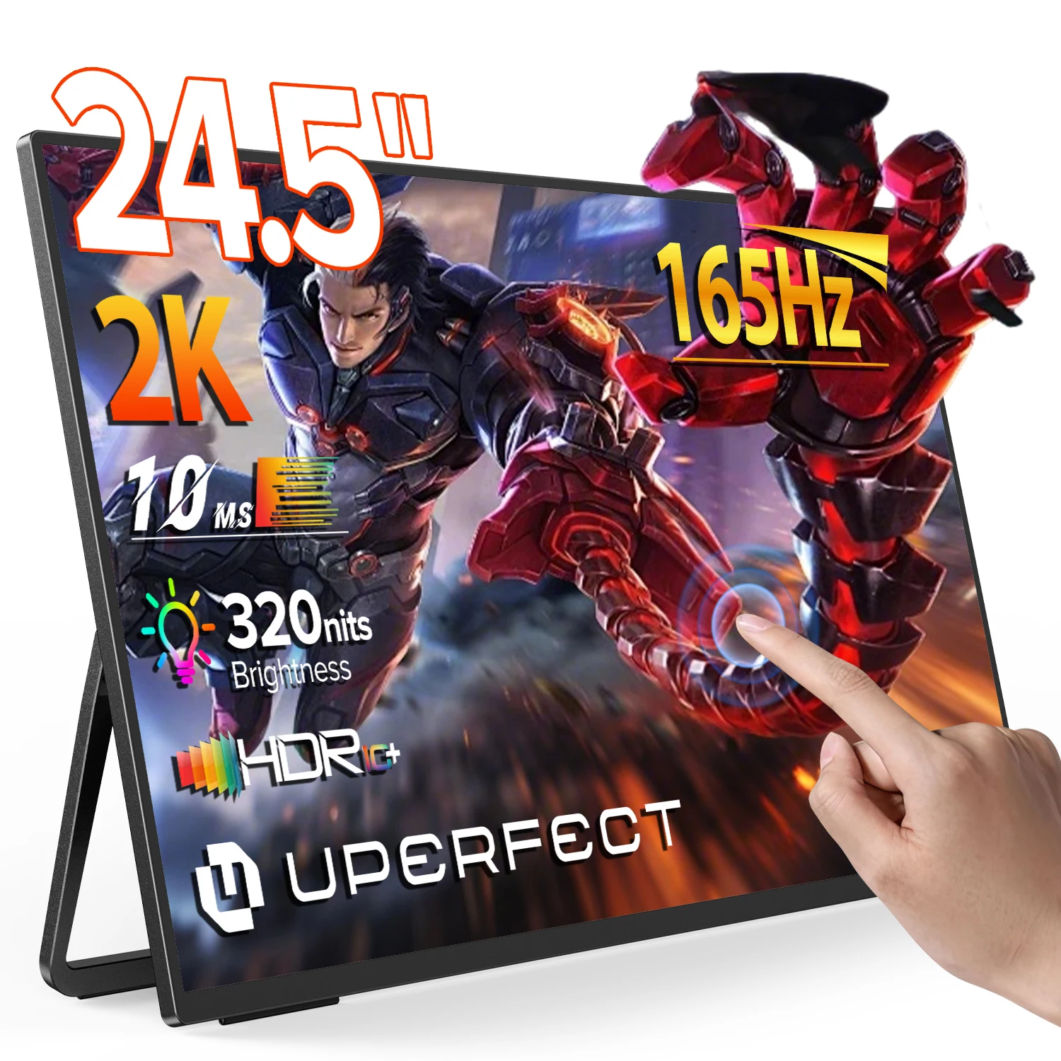 UPERFECT 24.5 "2K 165HZ pantalla táctil portátil monitor de juegos 1MS pantalla táctil con FreeSync HDR VESA tipo-C HDMI segunda pantalla para teléfono portátil Mac consola de juegos incorporado 180 ° soporte ajustable