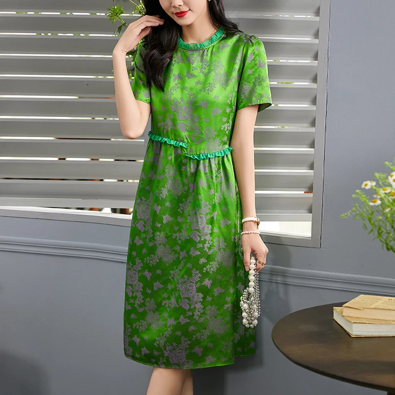New 2026 Summer Women's Vintage Dresses Elegant Fashion Short Sleeve Woman Floral Dress A-line 45% Real Silk Long Midi Dress