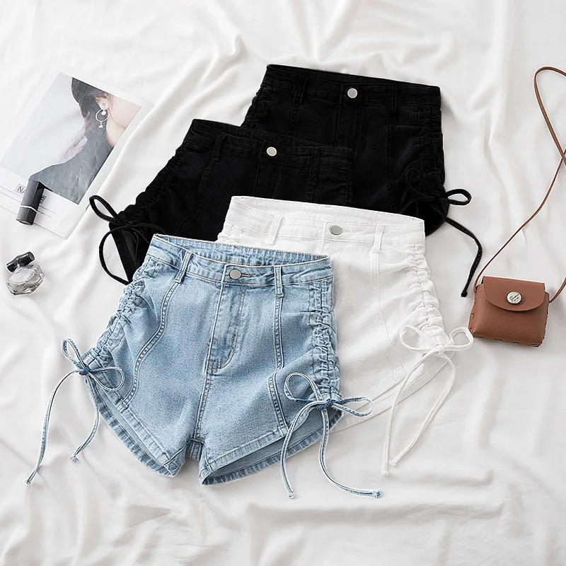 

Новые женские джинсовые шорты 2026 года, черные, белые, светло-голубые, с высокой талией, на шнуровке, эластичные, облегающие, укороченные, для уличной моды