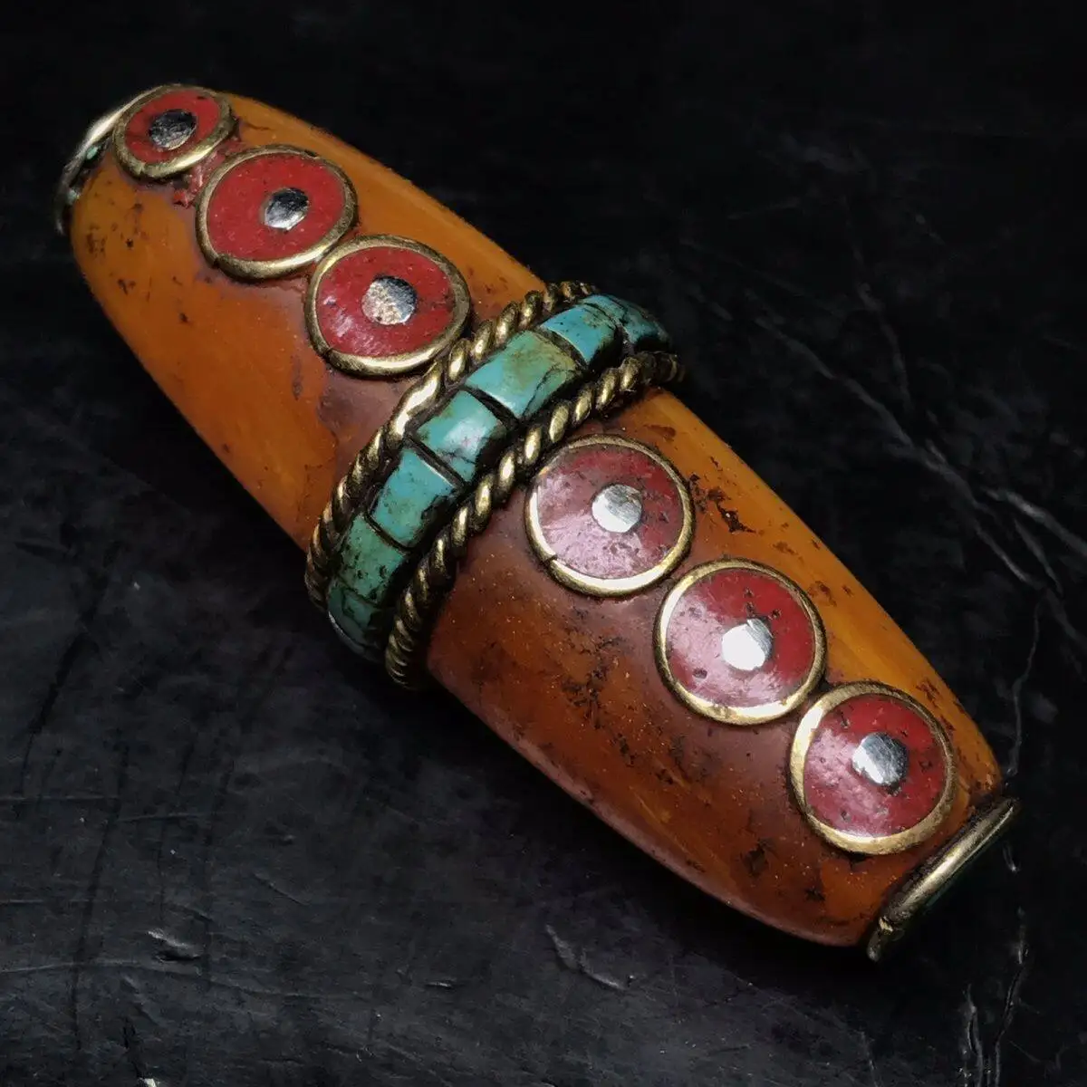 Wenwan ancient beads, ancient folk customs, old-fashioned Nepal return second-generation beeswax, hand-inlaid long tube bead acc