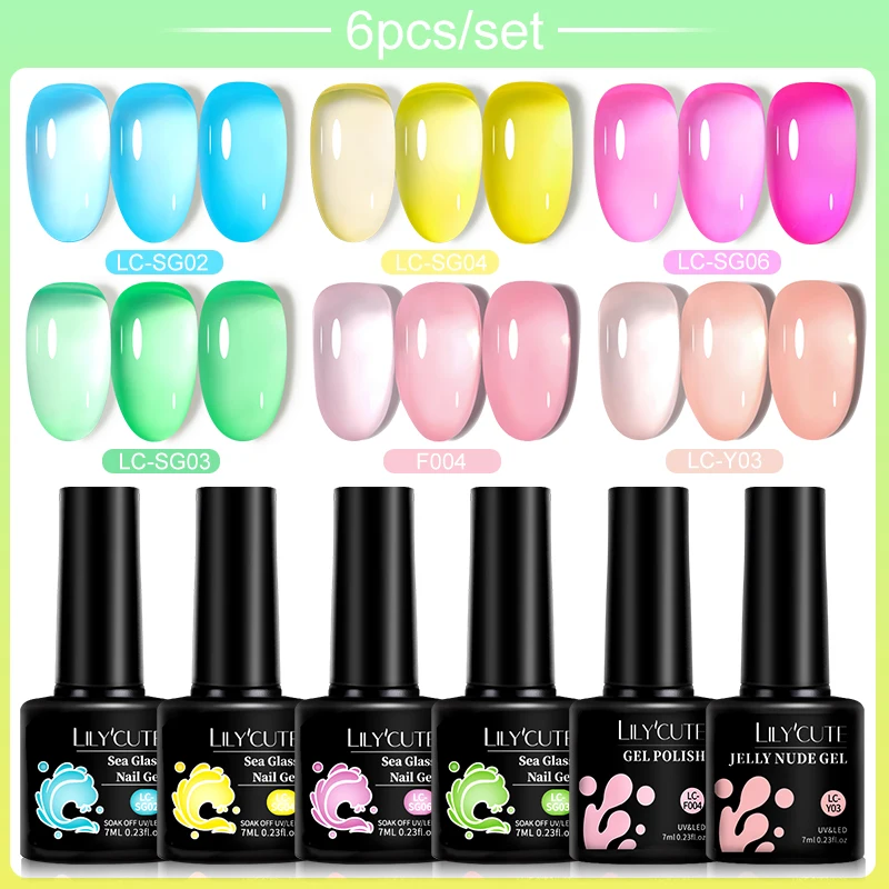 LILYCUTE 6 Butelek Przezroczystego Żelowego Lakieru do Paznokci w Kolorze Bursztynowym, Długotrwały Żel do Paznokci Soak Off, Zestaw Żelowych Lakierów do Paznokci, Półtrwały Lakier UV