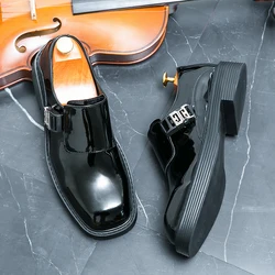 Black Patent Leather Men Loafers Platform Slip-On Round Toe Solid Business Luxury Shoes  Size 38-45